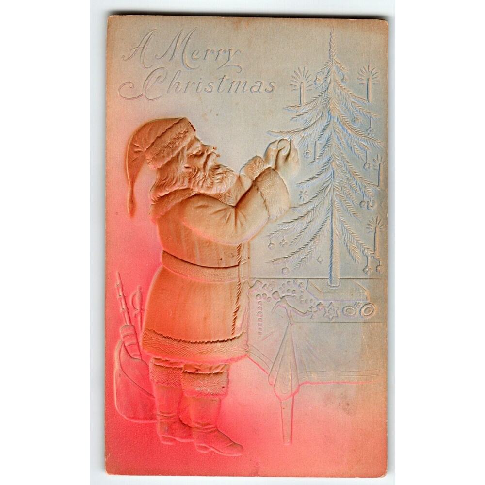 Santa Claus Christmas Postcard Airbrushed Embossed Decorates Trims A X-mas Tree